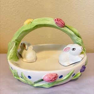 Vintage Ceramic Bunny Rabbit Candy Basket Table Decor Spring Easter Tulips